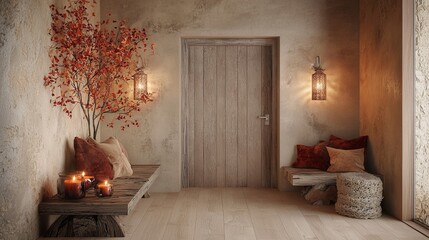 Minimalist modern interior design concepts, Cozy interior featuring a wooden door, decorative lanterns, and a rustic bench with cushions and candles.