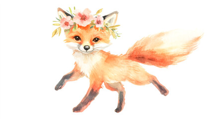Obraz premium Dancing baby fox wearing a flower crown, watercolor-style clip art, vector illustration on a flat white background, perfect for decor, stationery, or children's designs.