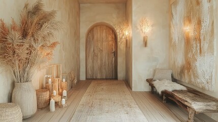 Fototapeta premium Minimalist modern interior design concepts, A serene hallway featuring natural decor, wooden accents, and ambient lighting.