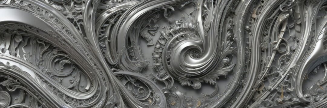 Abstract metallic background with intricate silver patterns and swirling shapes, metallic, patterns