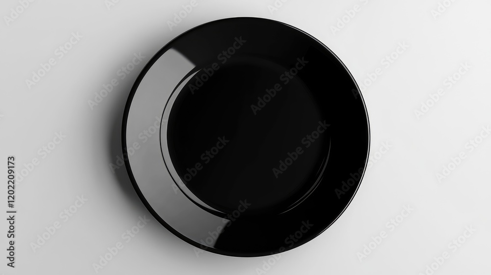 Poster Black ceramic plate on white background with smooth surface and reflective edges, featuring copy space for text placement.