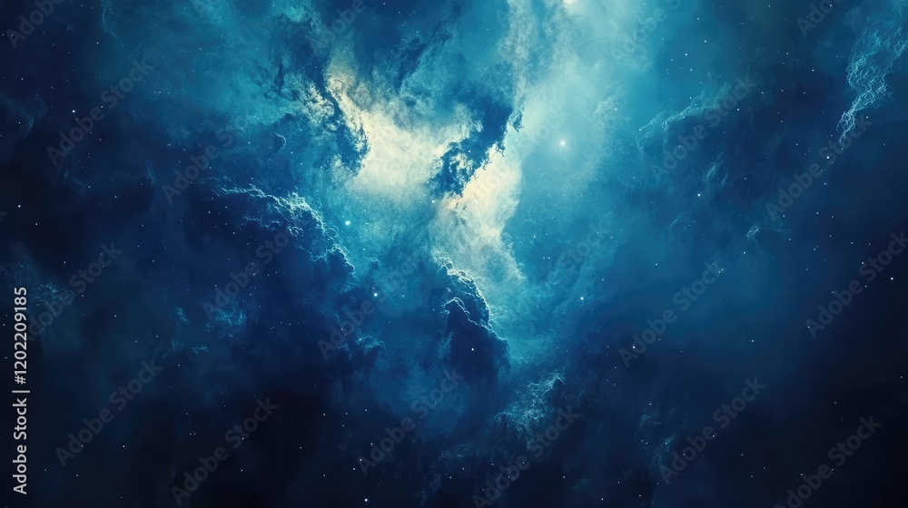 Aufkleber Cosmic nebula in deep space with shades of blue and hints of light featuring a dark starry background and ample Copy Space.