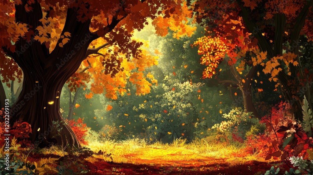 Aufkleber autumn forest landscape with vibrant fall foliage and gentle sunlight filtering through trees copy s