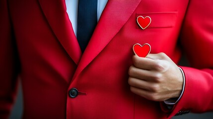 Stylish professional in a bold red suit showcasing a heart-shaped badge at a networking event