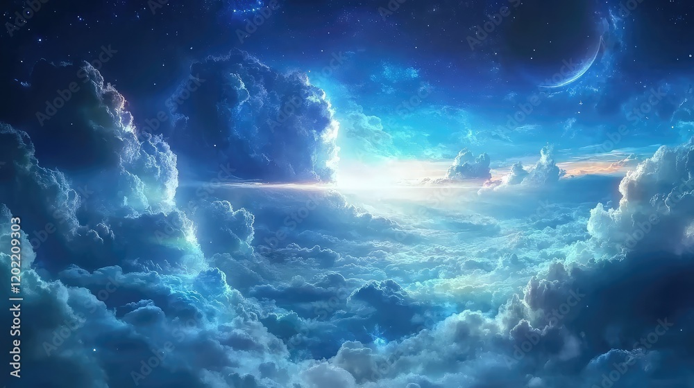Aufkleber Stunning celestial landscape with vibrant clouds and ethereal light, featuring various shades of blue and Copy Space for text placement.