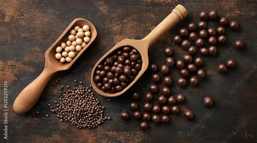 Poster assorted chocolate and candy balls in wooden scoops on a dark textured background with copy space fo