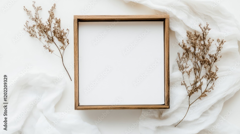 Poster wooden picture frame on a light background with dried flowers and fabric, copy space for text or con