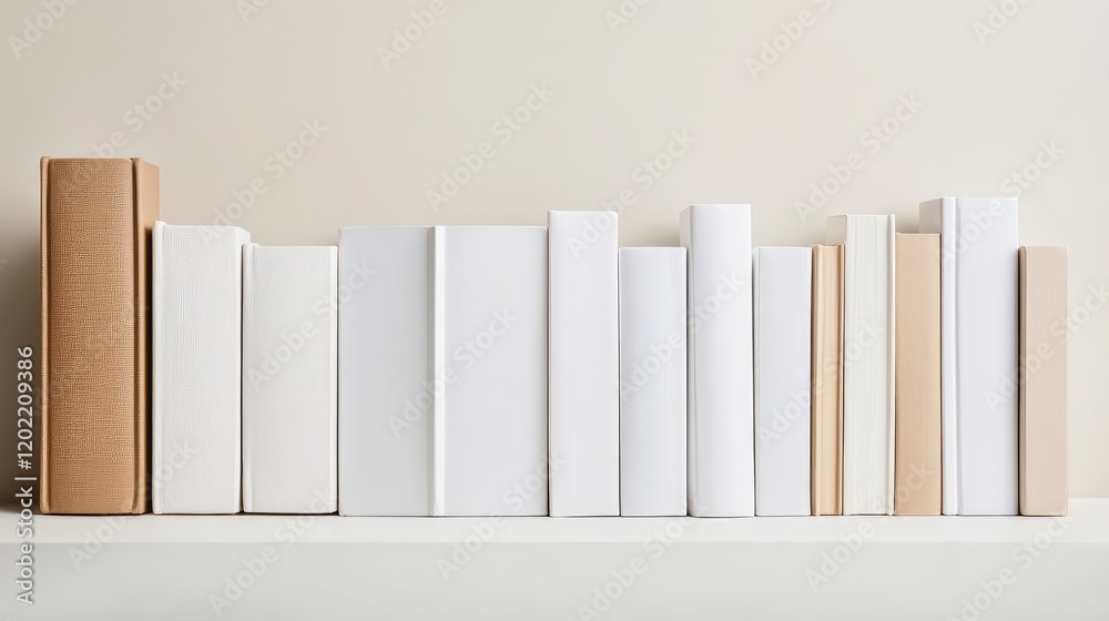 Poster Minimalistic arrangement of blank and neutral-colored books on a shelf with light background and Copy Space for text placement.