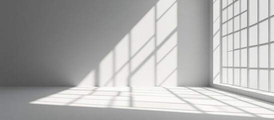 Fototapeta premium Minimalist interior space with sunlight casting shadows from large windows onto the floor Copy Space
