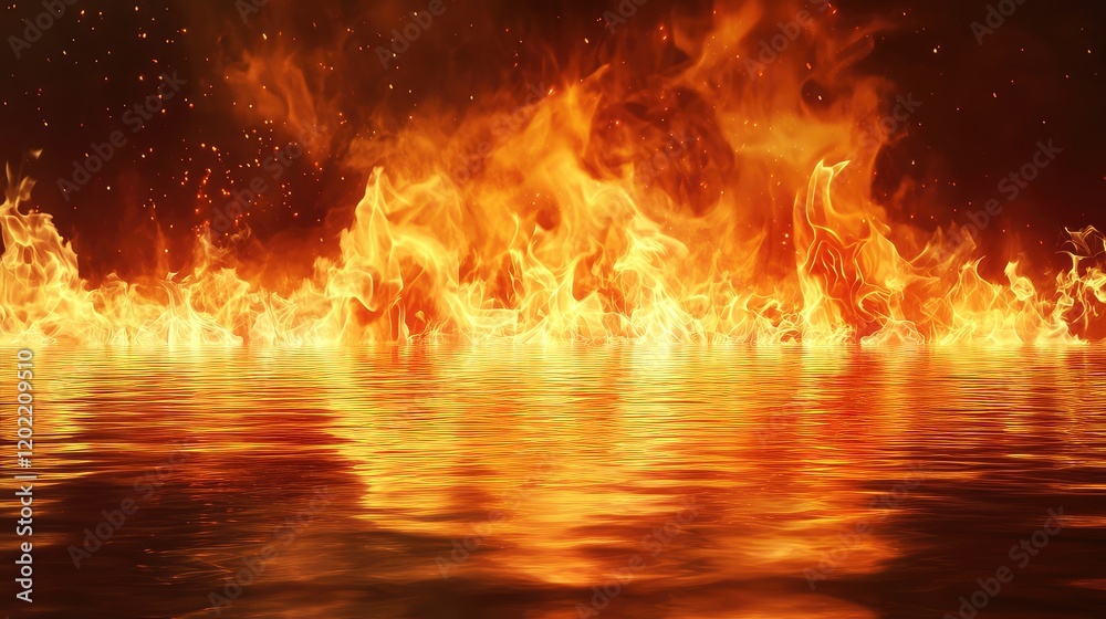 Poster Flames Reflected on Water Surface Creating Dramatic Visual Effect with Copy Space for Text Placement