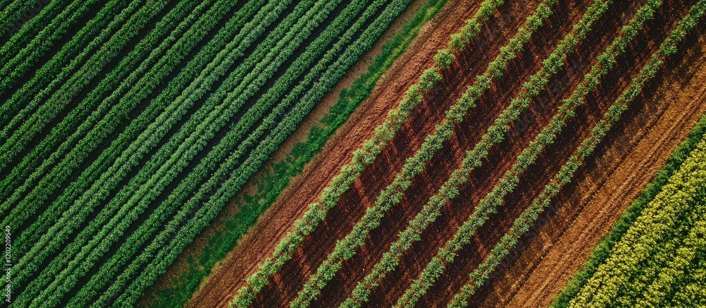 Poster aerial view of vibrant agricultural fields with green and brown striped rows and copy space for text