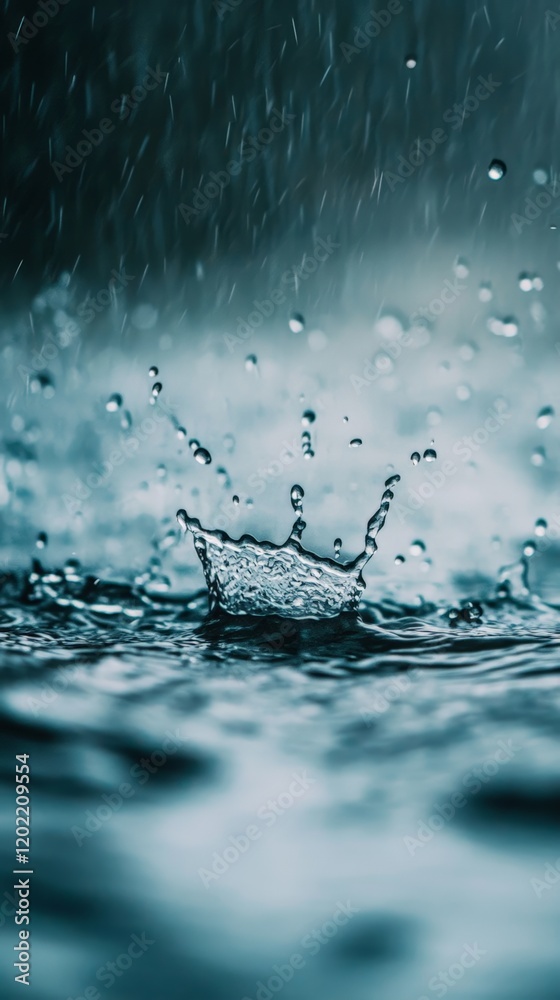 Poster raindrops create ripples on the water surface, capturing the dynamic movement and tranquility of rai