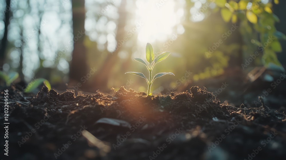 Aufkleber new plant sprouting in soil with sunlight filtering through trees in background showcasing growth an