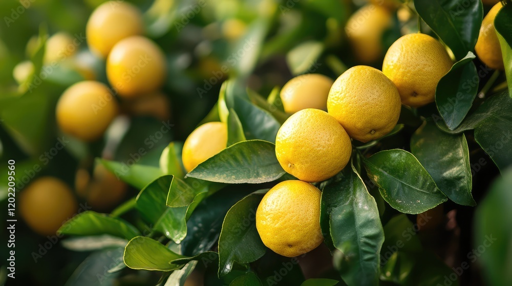 Poster bunch of ripe yellow lemons hanging on green leafy branches with blurred background and copy space f