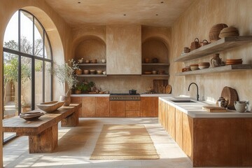 modern kitchen showcase with warm terracotta surfaces, diagonal morning light creating dynamic shadows, minimalist mediterranean aesthetic