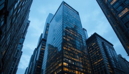 Obraz premium New York City skyscrapers with glass facades reflecting the blue sky in the urban downtown skyline