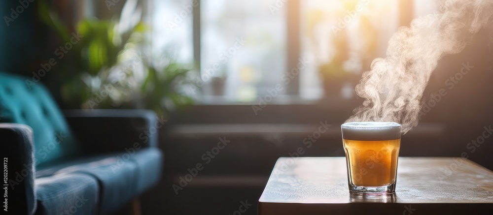Poster warm beverage with steam served in a glass cup on a wooden table in a cozy indoor setting with soft 