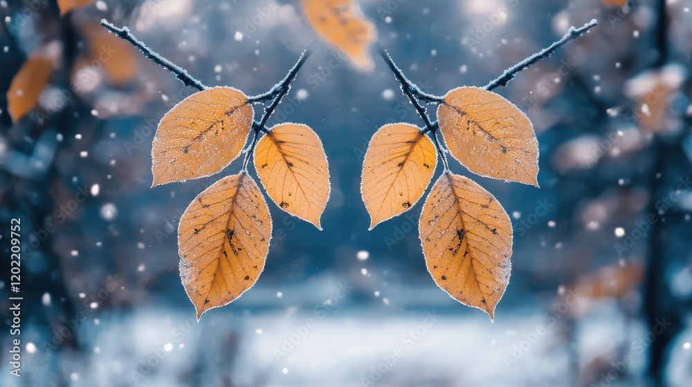 Poster fallen autumn leaves with frost on branches against a snowy background copy space