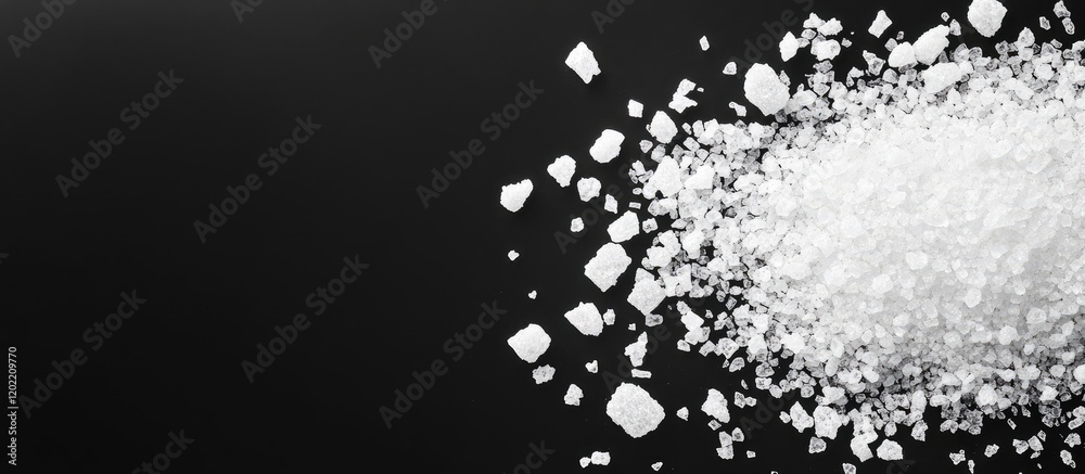 Poster White sugar scattered on a dark background with copy space for text or design elements