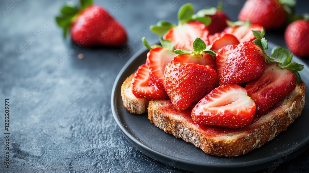 Poster fresh strawberries on toasted bread served on a black plate with additional strawberries in the back