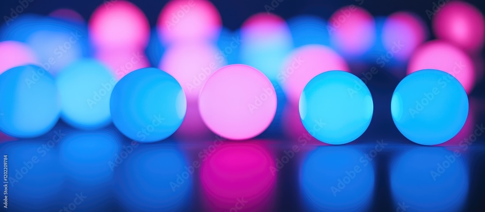 Poster colorful illuminated spheres in pink and blue with a blurred background and copy space for text addi