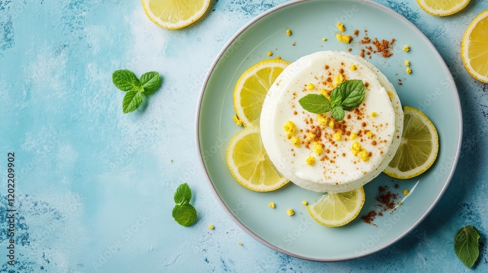 Poster fresh lemon dessert garnished with mint leaves and lemon slices on a light blue plate with copy spac
