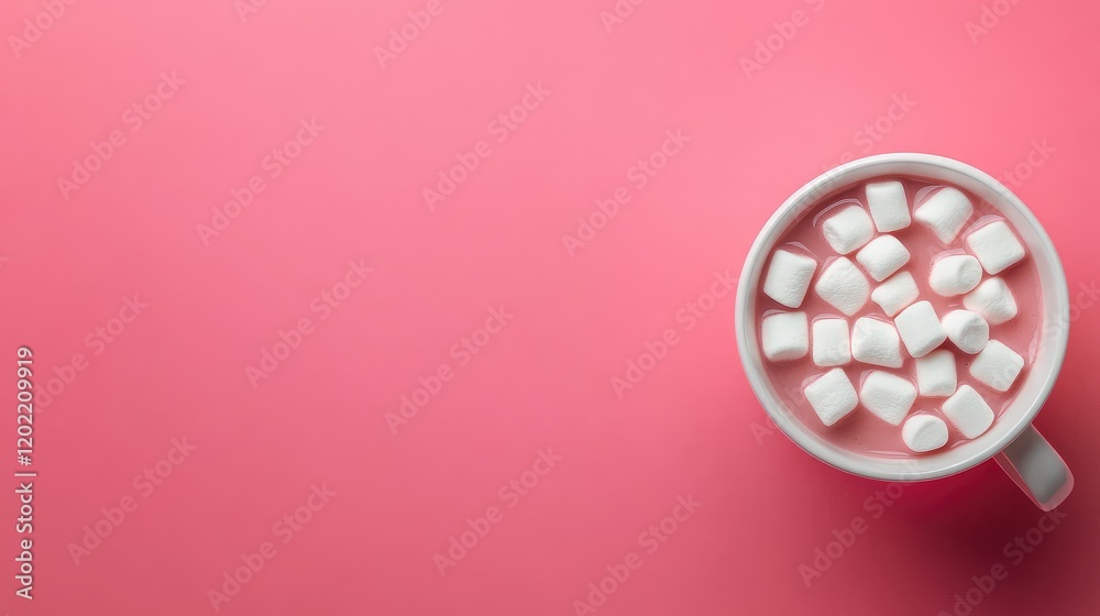 Poster hot chocolate with marshmallows in white mug on pink background with copy space for text