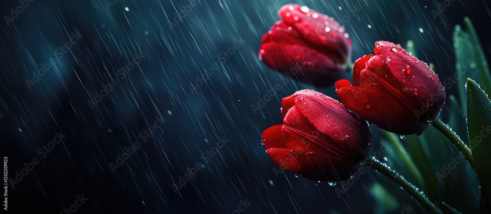 Poster red tulips with raindrops in dark background with copy space for text placement