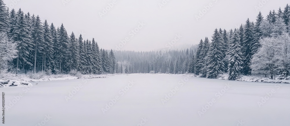 Aufkleber Snowy winter landscape with frozen lake and snow-covered pine trees in a serene forest setting Copy Space