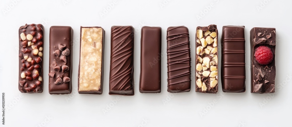 Poster Assorted chocolate bars arranged in a row with various toppings on a white background Copy Space