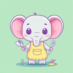 Cute elephant chef cooking, kitchen tools, pastel background, children's book illustration