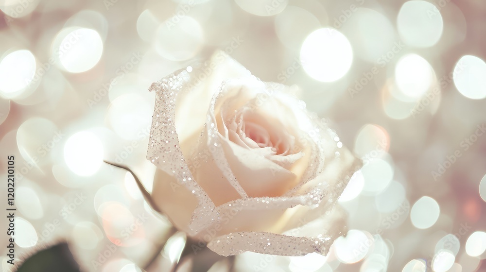 Poster close-up of a delicate white rose adorned with glitter, set against a soft bokeh background with blu