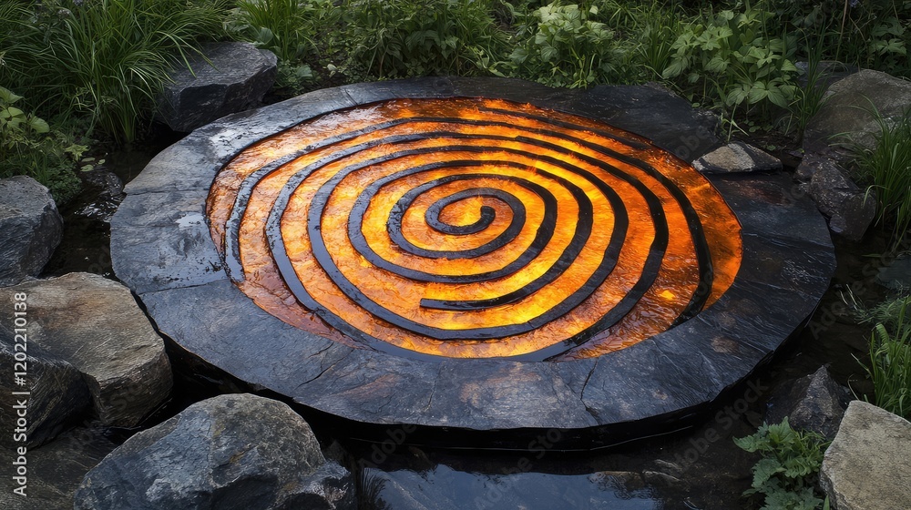 Poster stone spiral pattern embedded in water surrounded by rocks and greenery with copy space for text.
