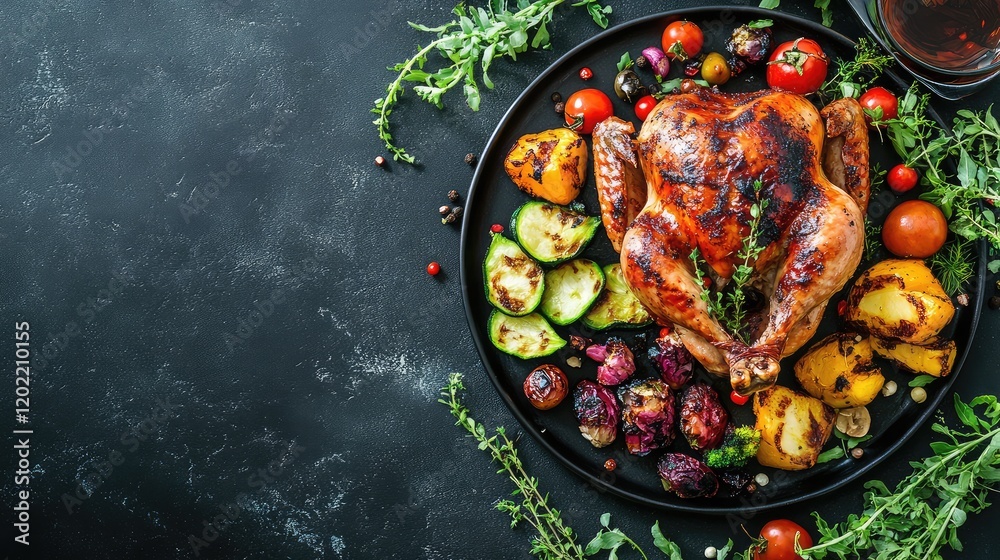 Poster roasted chicken with vegetables and herbs on a black plate on a dark textured background with copy s
