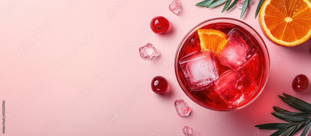 Poster refreshing cocktail with ice cubes, cherries, orange slices, and rosemary on a pink background with 