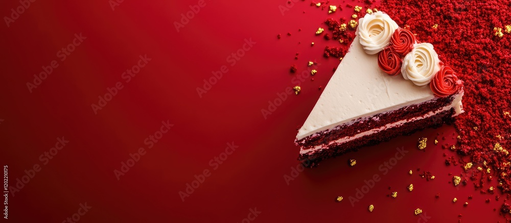 Poster red velvet cake slice with cream cheese frosting and decorative flowers on a red background with cop
