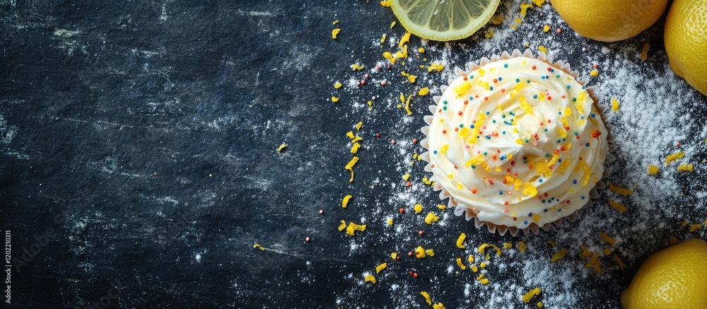 Poster Lemon cupcake with frosting and sprinkles on dark background with whole lemons and lemon zest Copy Space