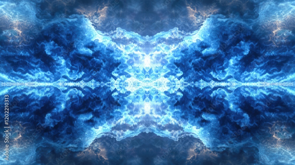 Poster abstract symmetrical cloud pattern with blue hues and reflective surface, suitable for backgrounds o