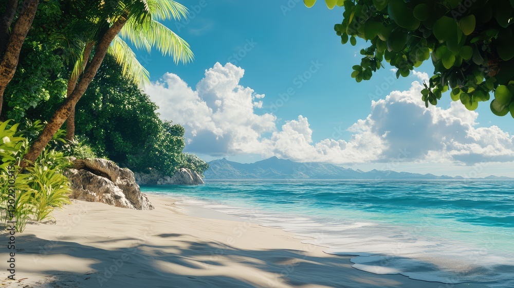 Poster tropical beach landscape with palm trees and clear blue ocean under a bright sky with fluffy clouds 