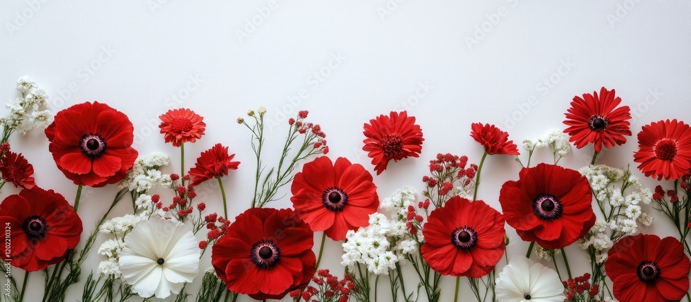 Poster Vibrant red and white flowers arranged on a light background with ample Copy Space for text insertion