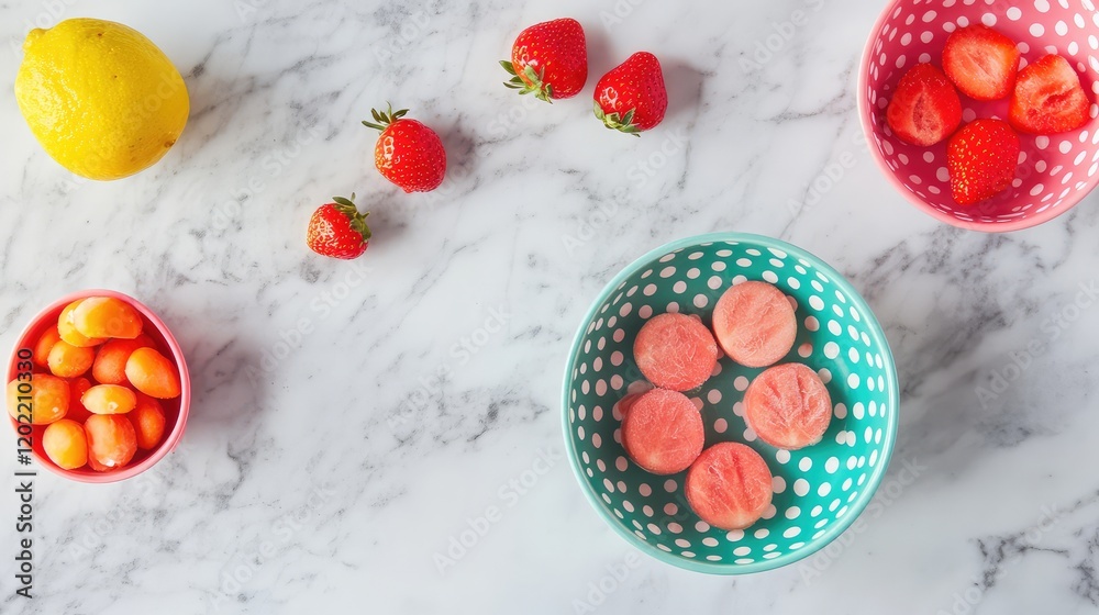 Aufkleber colorful bowls with assorted fruits including strawberries and lemon on a marble countertop with cop