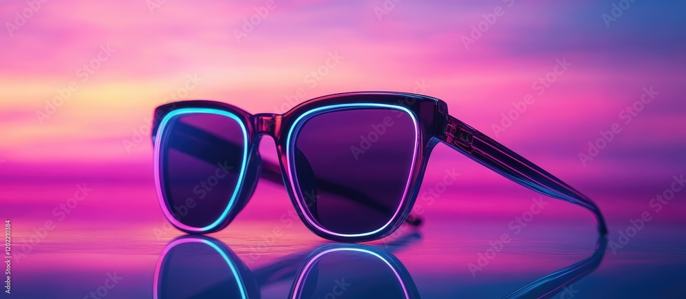 Leinwandbilder retro sunglasses with neon outline on reflective surface against a colorful gradient background copy