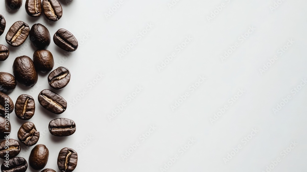 Poster Coffee beans arranged in a creative layout on a plain white background with ample copy space for text placement.