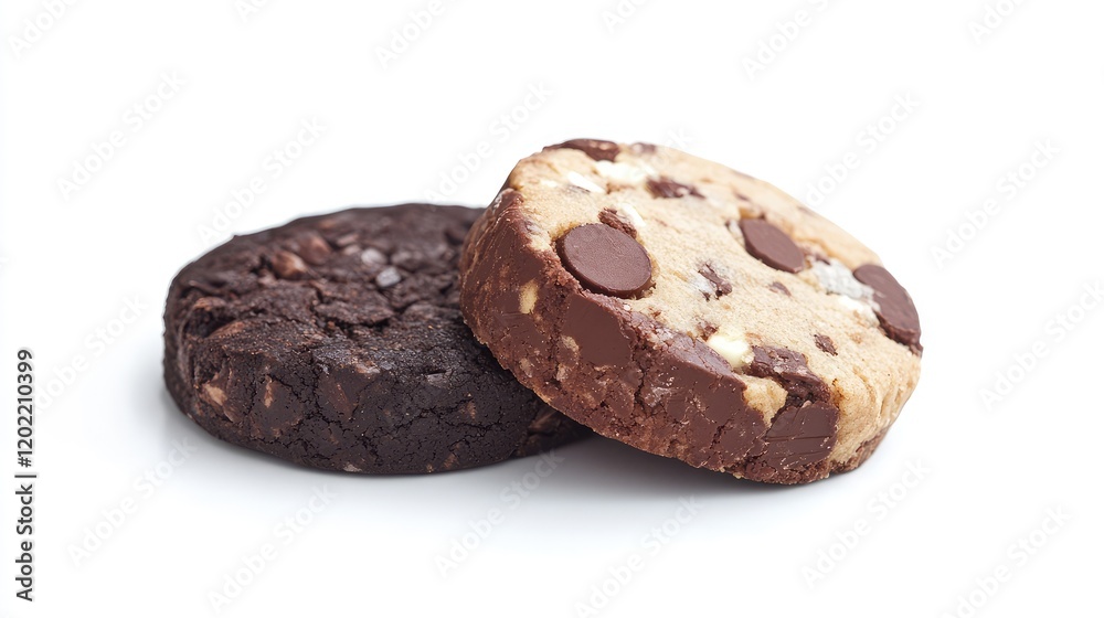 Poster Chocolate and vanilla cookies stacked on a white background with Copy Space for text placement