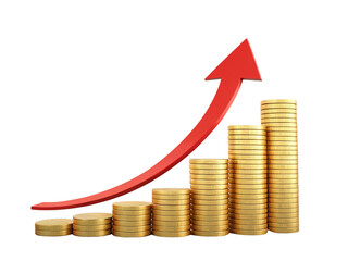 financial growth with upward red arrow and gold coins isolated on white png