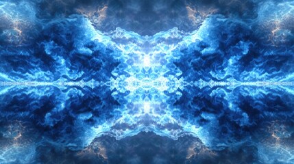 Fototapeta premium Abstract symmetrical cloud pattern with blue hues and reflective surface, suitable for backgrounds or digital art. Copy Space.