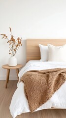 Minimalist modern interior design concepts, Cozy bedroom featuring a neutral palette, wooden bed, and decorative vase with dried flowers.