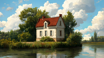 Obraz premium Charming cottage by tranquil waters idyllic landscape inspiring nature scene serene environment captivating view