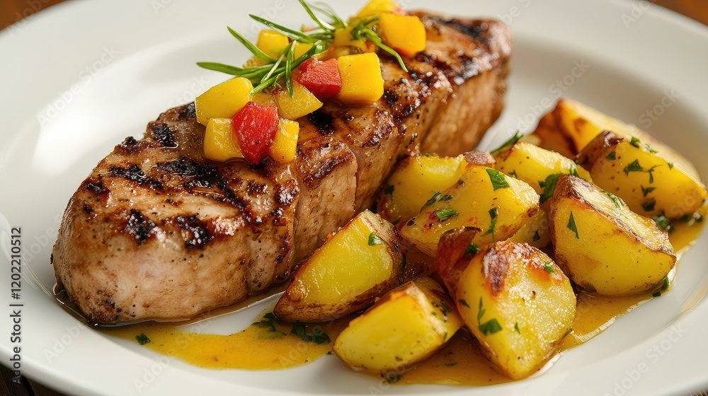 Poster grilled salmon fillet with mango salsa and roasted potatoes garnished with herbs on a plate with cop