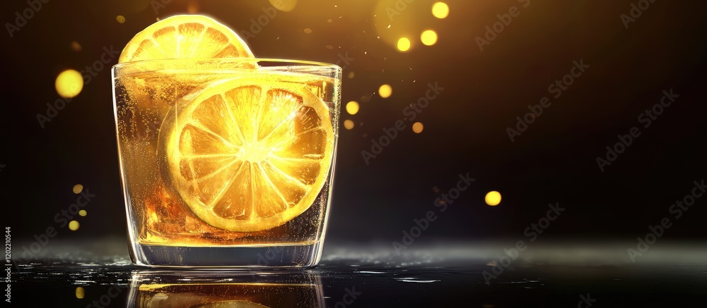 Poster Glass of refreshing iced tea with lemon slices and bokeh effect on dark background Copy Space